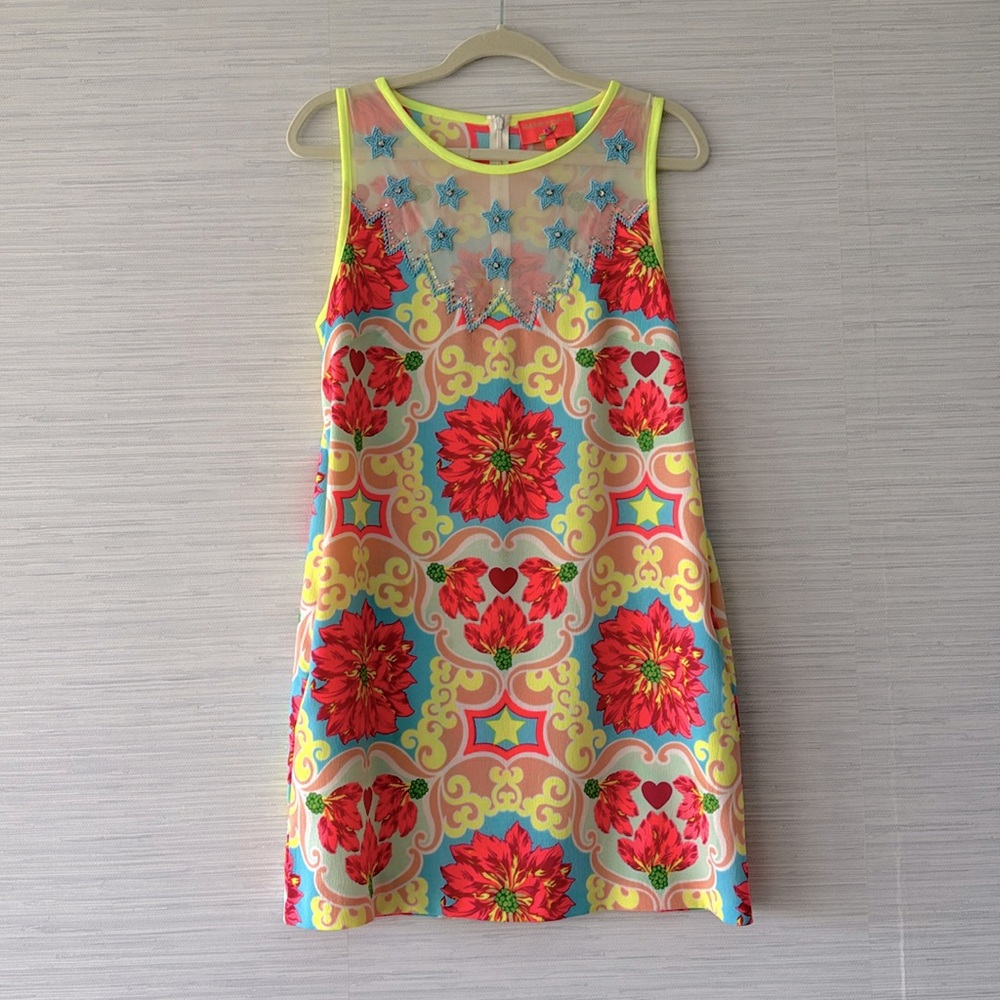 Manoush Neon multifloral print dress with sheet beaded panel.